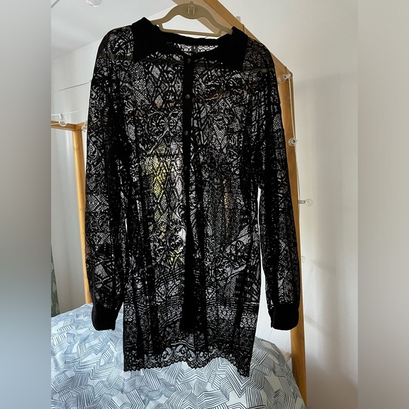 ANTHROPOLOGIE Black Lace Buttondown, Size XL - Picture 4 of 9